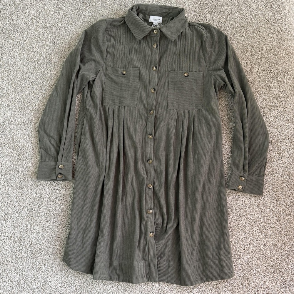 ANNIEWEAR Soft Corduroy Shirt Dress Womens Small Green Long Sleeve Button Front